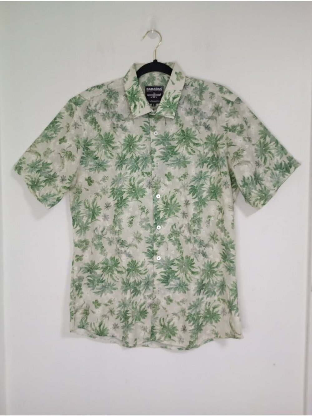 Barabas Shirt 100% Cotton Short Sleeve Button-Up Sz L Floral Green & White Mens